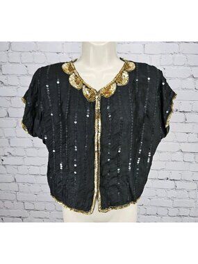 VTG Tina Black 100% Silk Sequin Gold Trim Short Sleeve Hook & Eye Jacket Medium